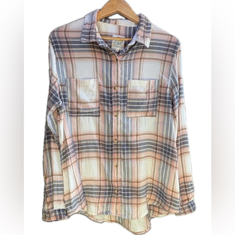 C&C California Soft Plaid Flannel Shirt in Pink Gray and Cream Size Large